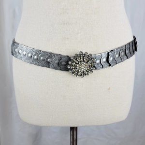 Vintage Boho 90s Silver Stamped Metal Link Stretch Belt With Rhinestone Buckle